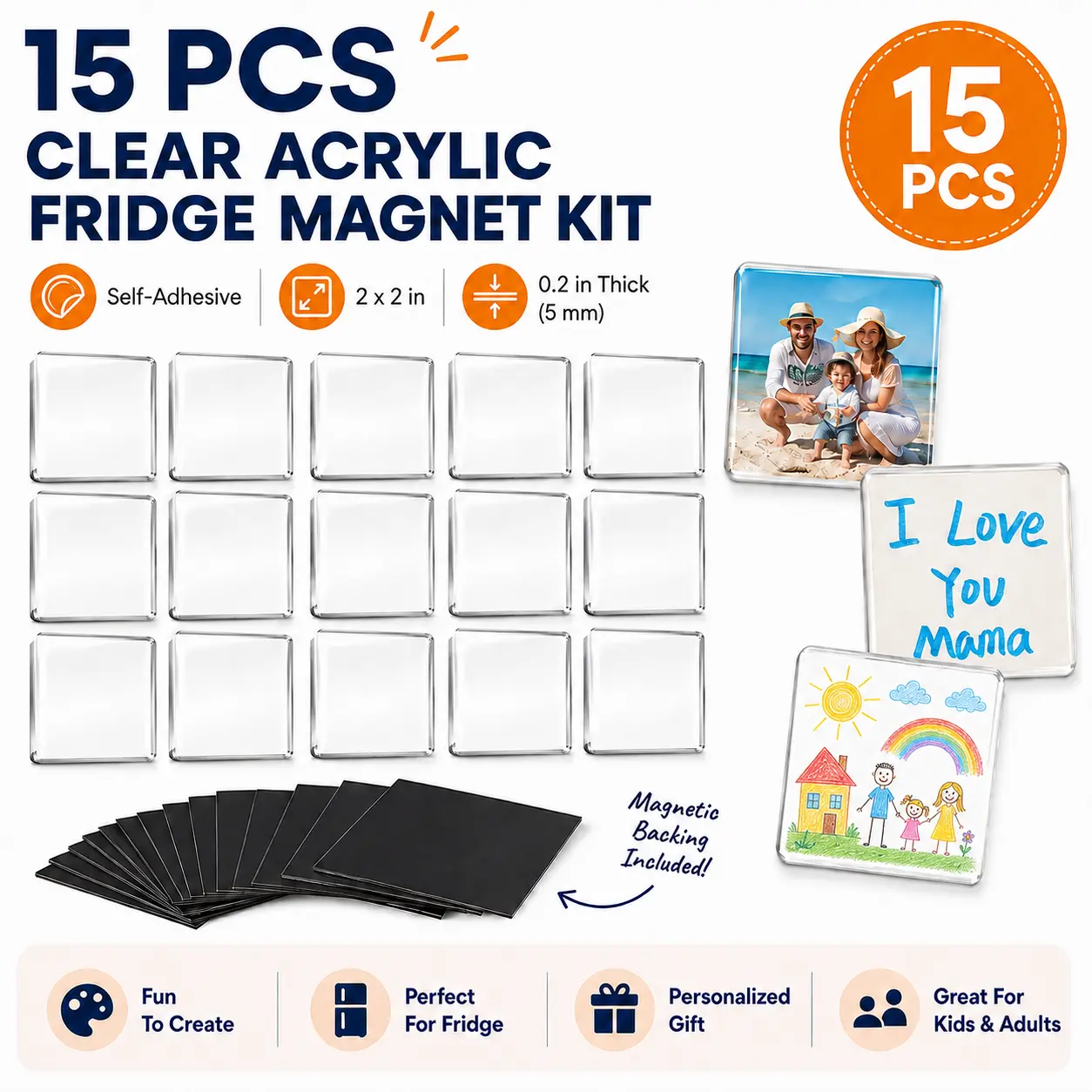 15 PCS Upgraded Acrylic Fridge Magnets - 2"x2" Self-Adhesive DIY Photo Frames, Kitchen Decor, for Artwork & Crafts, Classroom Use