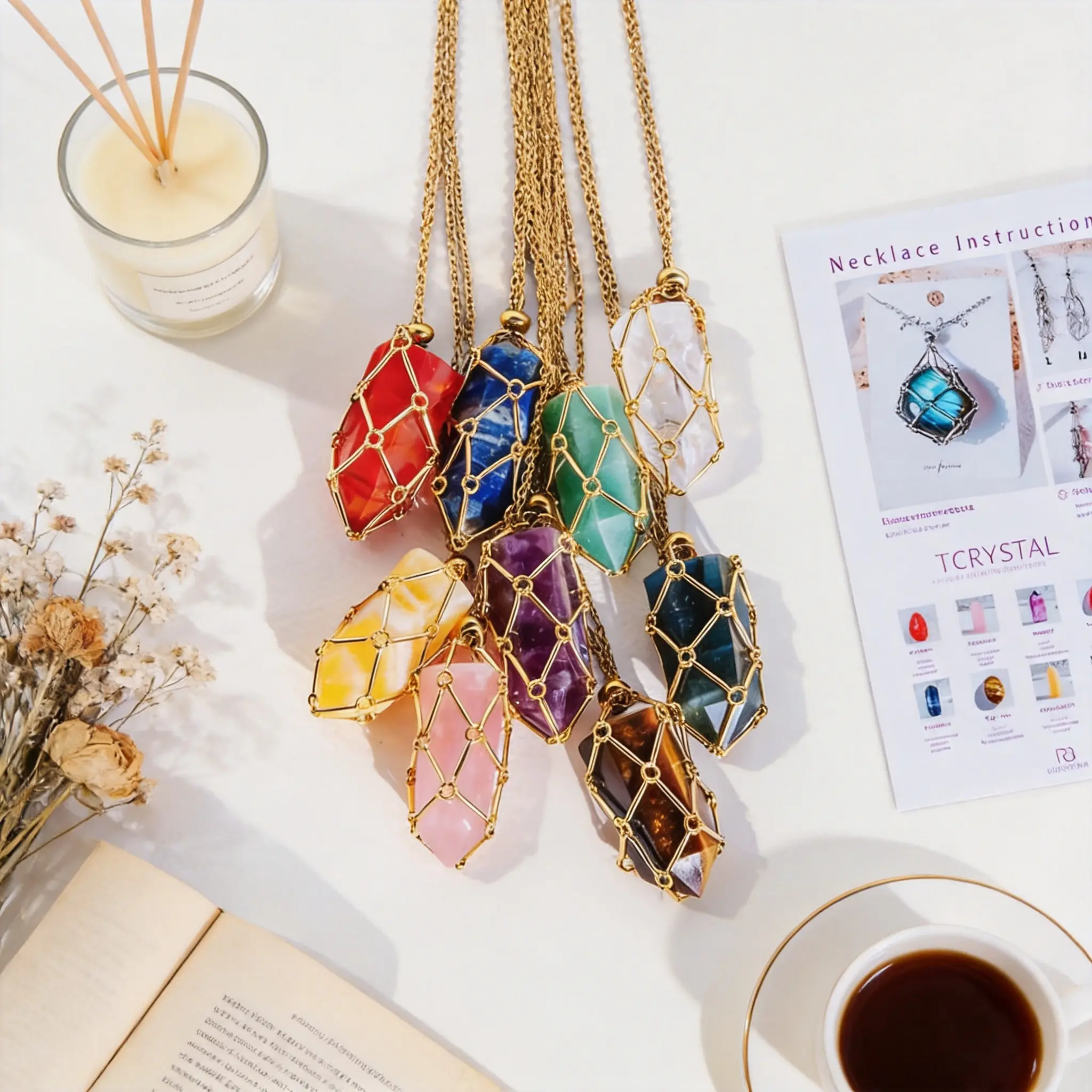 【Golden】Natural Crystal Necklace Golden Bamboo Wrap & Metal Net Pendant Tumble & Point Healing Stone