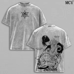 Akaza x Koyuki Love Story Washed Graphic T-Shirt, Demon Slayer Vintage Oversized Heavy Cotton Tee, Unisex Anime Streetwear for Otaku Fans