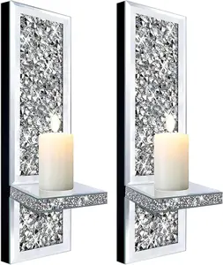 Crystal Crush Set of 2 Crystal Crush Diamond Candle Sconces with Silver Mirrored Wall Sconce and Candle Holder Glass Wall Decorations for Home Décor Ornaments