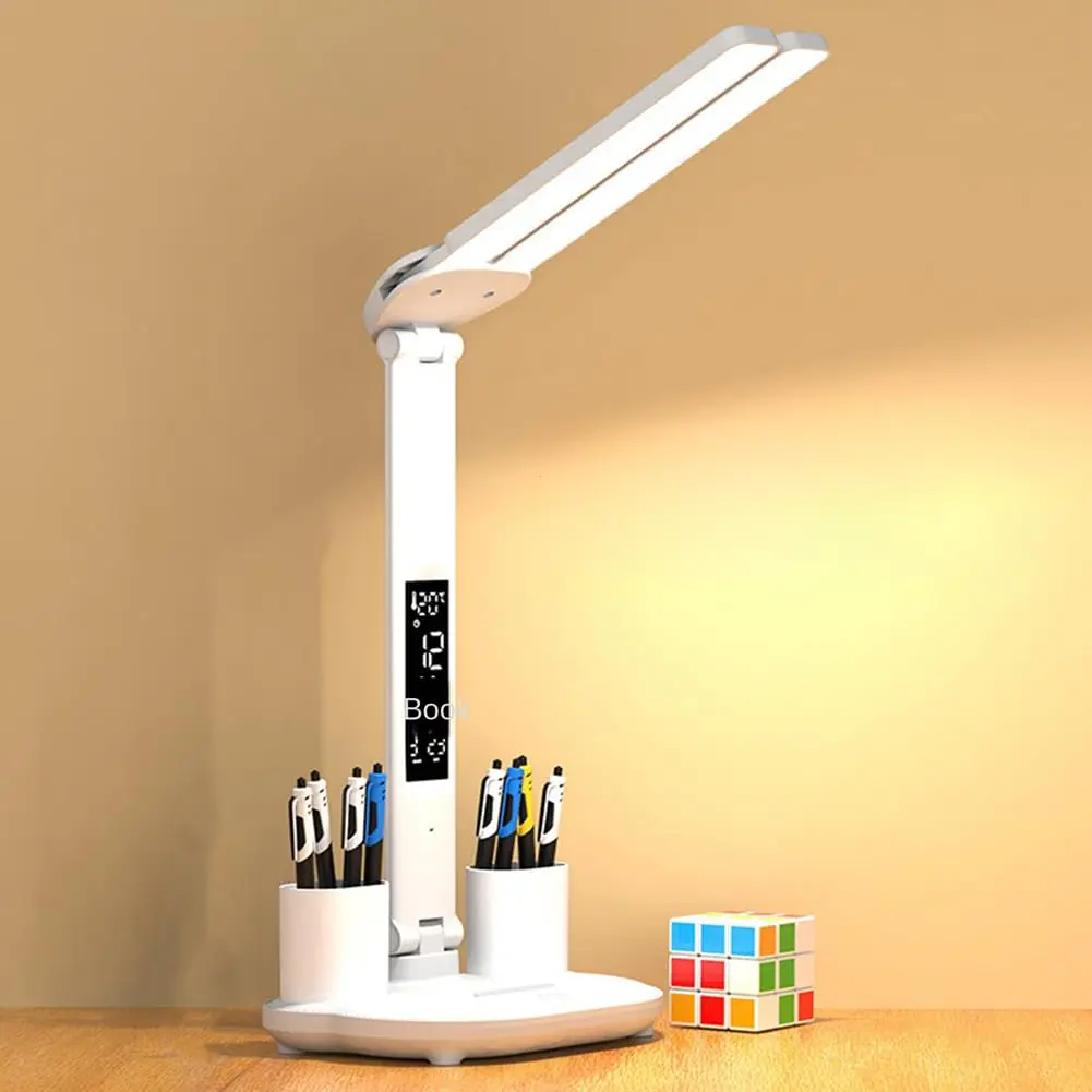 Adjustable LED Desk Lamp with Wireless Charging, USB Charging Port, Adjustable Brightness, Clock Calendar Temperature Display, Rechargeable Battery, Ideal for Home Office Dormitory
