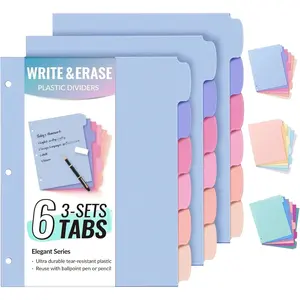 6-Tab Durable Plastic Write & Erase Big Tab Dividers for 3 Ring Binder, Aesthetic Cute Binder Dividers for Student, Teacher, Office, Home Organizers, 3 Sets, Elegant