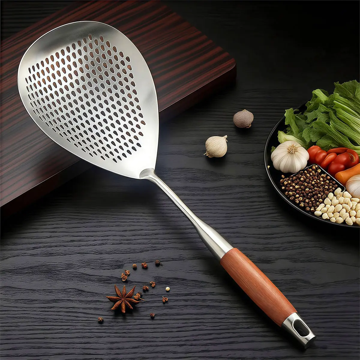 1pc Extra-Long Handle Stainless Steel Slotted Strainer Spoon Kitchen Utensils - Heat Resistant, Brushed, Hanging Hole, Strainer Shape, Safe for Deep Pots, Keeps Hands From Steam, For Home Kitchen Use, Noodle Cooking Accessory
