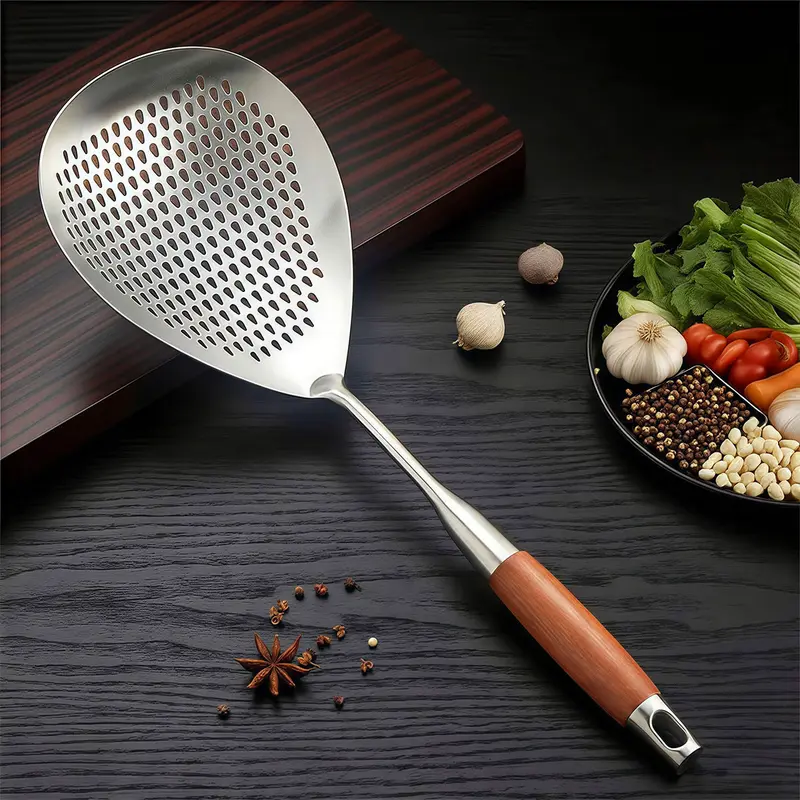 1pc Extra-Long Handle Stainless Steel Slotted Strainer Spoon - Kitchenware Stainless Steel, Sturdy, Durable, Brushed, Heat Resistant, Hanging Hole, Safe for Deep Pots, Steam-Safe Handle, Noodle Tool, Home Kitchen Cooking Accessory