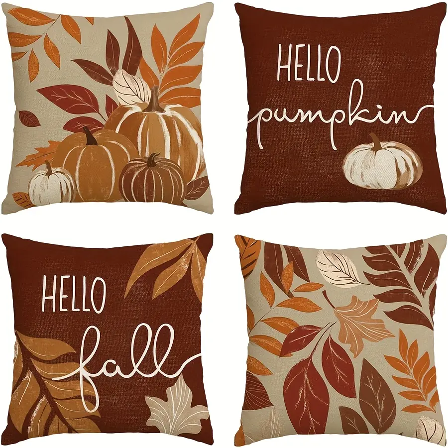 4pcs, Fall Pumpkin Leaves Pillow Covers, Seasonal Thanksgiving Harvest Cushion Case Decoration for Sofa Couch, Room Cozy Accessories, Single-sided Printing, Without Pillow Core, Cushion Slipcovers