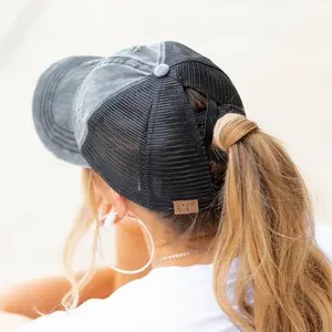 CC Criss-Cross Ponytail Caps - Mesh Design with Snap Closure, Adjustable Fit, and Logo Detail