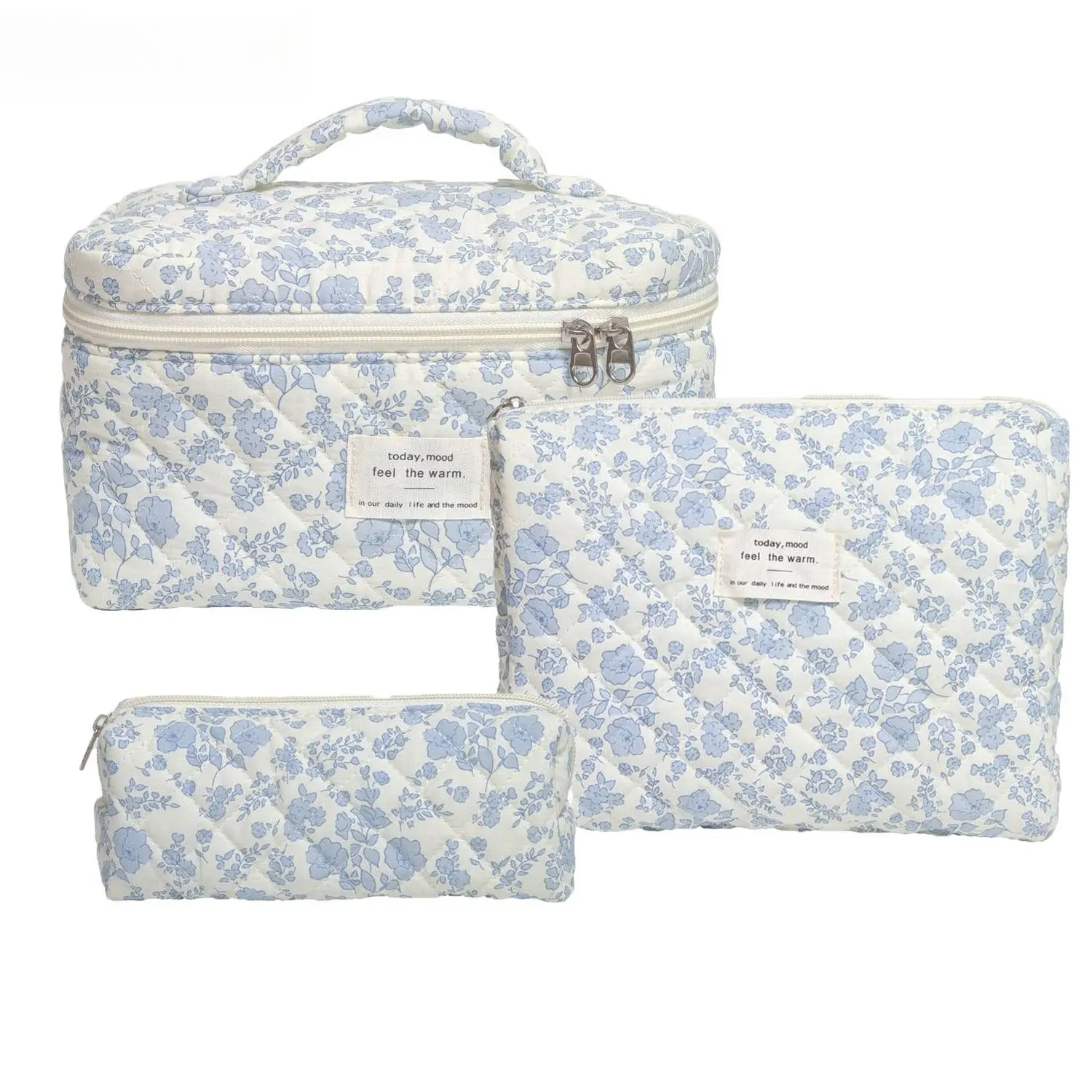 Floral gestepptes 3-teiliges Kosmetiktaschen-Set, tragbare Zipper-Kulturbeutel für Kosmetik und Toilettenartikel, Aufbewahrungstasche für Handtasche und Reise.