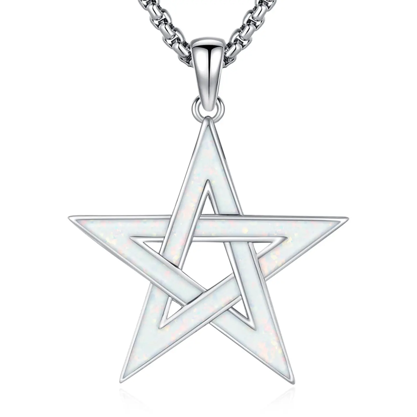 DRINSPER 925 Sterling Silver Pentagram Necklace with Natural Opal, Elegant Decorative Accessory Chain for Unisex Adults, Accessory Necklace, Decorative Necklace