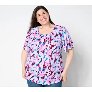 Denim & Co. Printed Slub Jersey Scoop Neck Curved Hem Top