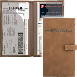 Auto  and Registration Card Holder -  Glove Box Document Organizer -  Essential Paperwork Holder for DMV, AAA, Contact Information Cards -  PU Leather Wallet Case - Brown