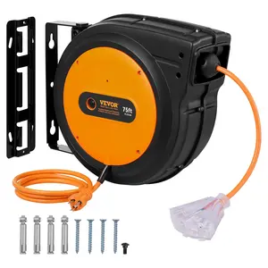 VEVOR Retractable Extension Cord Reel, 75 FT, Heavy Duty 14AWG/3C SJTOW Retractable Power Cord with Lighted Triple Tap Outlet, 13 Amp Circuit Breaker 180° Swivel Bracket for Ceiling or Wall Mount