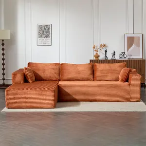 Compression Sectional Couch with Comfy Chaise, Boneless L Shape Sofa with Deep Seat, Minimalist Modular Couches Sleeper for Living Room Bedroom Apartment Lounge,corduroy,Brown   WL RR