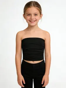 Girls' Solid Color Black Halter Short Top, Elastic Ruched Soft Breathable Casual Fit, All-Season Versatile Inner & Outer Wear, Minimalist