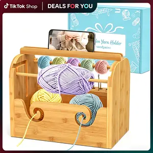 Bamboo Wood Yarn Holder for Crocheting, Sandpaint Upgraded Tangle-Free Dual-Rods Tool Holder with Phone Stand and Bottom Storage, Ideal for Skein, Cake Yarn