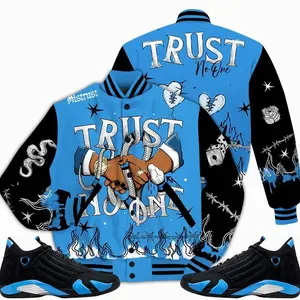 14 University Blue Outfits, Black University Blue 14s Varsity Jacket, Tattoo Trust No One Got EM Unisex T-Shirts To Match Sneakers Streetwear