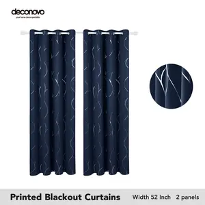 Deconovo Silver Wave Foil Print Blackout Curtains, Grommet Light Blocking Room Darkening Drapes, Thermal Window Curtains for Bedroom Living Room