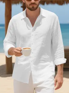 Men's Linen Blouse, Loose-Fitting Casual Top, Spring & Fall Fashion, Long Sleeve Button-Down Shirt, Hawaiian Style, Trendy Outerwear