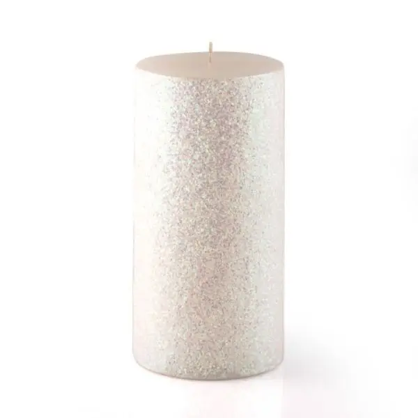 Metallic White Glitter Pillar Candle - 3 x 6 in., Traditional Decorated Candles with Scratched Detailed Textures, Home Decor Supply