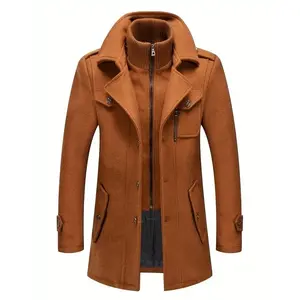Men's Stand Collar Wool Blend Pea Coats With Removable Inner Collar Single Breasted Overcoat