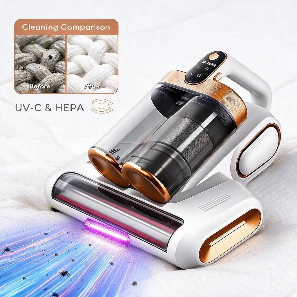 Cordless Mattress Vacuum Cleaner, Handheld Bed Vacuum for Mattress, Pillow, Crib & Fabric Sofa, Dust Mite Vacuum with UV-C Light, Rotating Brushroll & Tapping Roller, Dual Dust Cup, HEPA Filter, Type-C Rechargeable