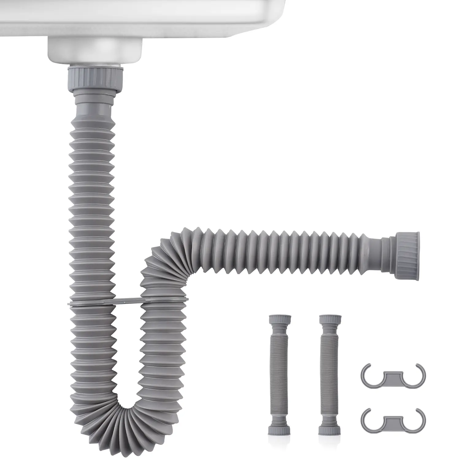 2 Pack 1-1/2" P-Trap Pipe, Flexible Sink Drain Pipe with 2 Rubber Sealing Rings, Flexible Drain Pipe Expandable 11"-34.5" P Trap Tubing Pipe for Kitchen Sink & Garbage Disposal, Gray
