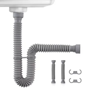 2 Pack 1-1/2" P-Trap Pipe, Flexible Sink Drain Pipe with 2 Rubber Sealing Rings, Flexible Drain Pipe Expandable 11"-34.5" P Trap Tubing Pipe for Kitchen Sink & Garbage Disposal, Gray