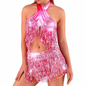 Pink Fringe Sequin Festival Outfit Two Piece Set Rave Beach Dance Party Sexy Costume Fashion