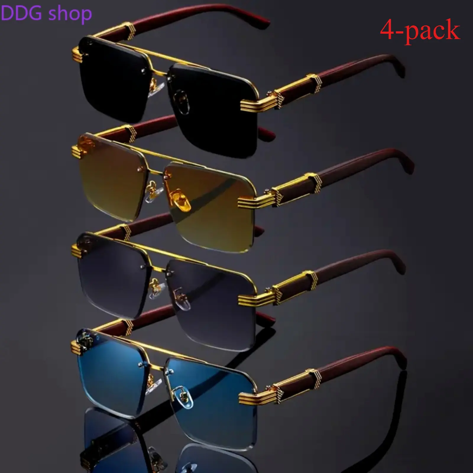 Unisex 4-Piece Retro Square Sunglasses, Oversized Rectangle Double Bridge Frameless Gradient Shades, Lightweight Classic Decorative Lightweight Sports Eyewear, Trendy Versatile Fashion Accessories for Women's Sunglasses, Male Party Casual Outdoor Wear, Vi