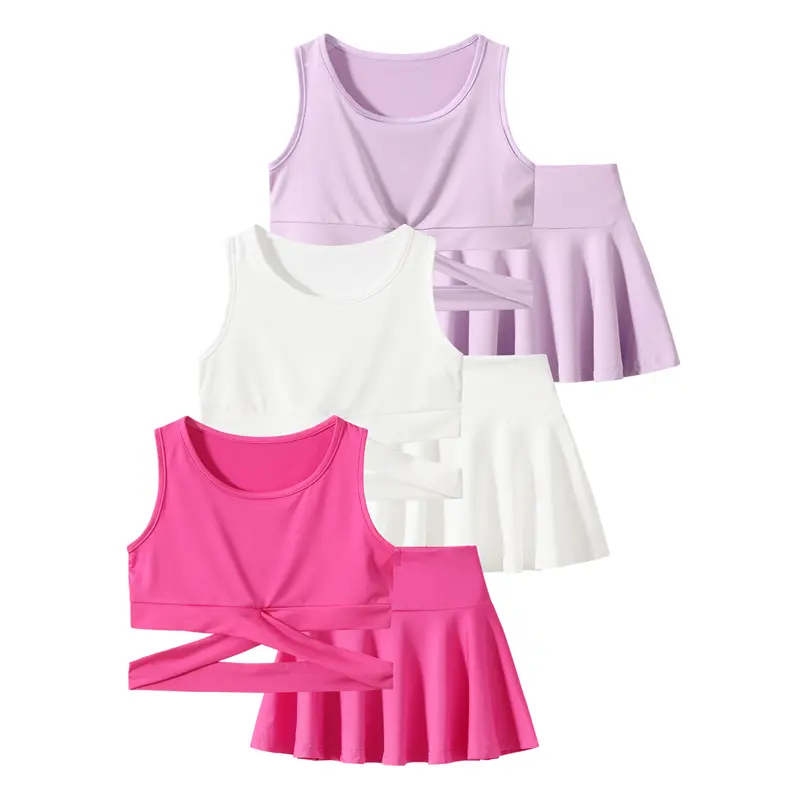 6-piece girl #SummerVibes summer solid color round neck sleeveless top and solid color elastic waist pleated skirt suit children's fashion and leisure skin-friendly and comfortable summer suit