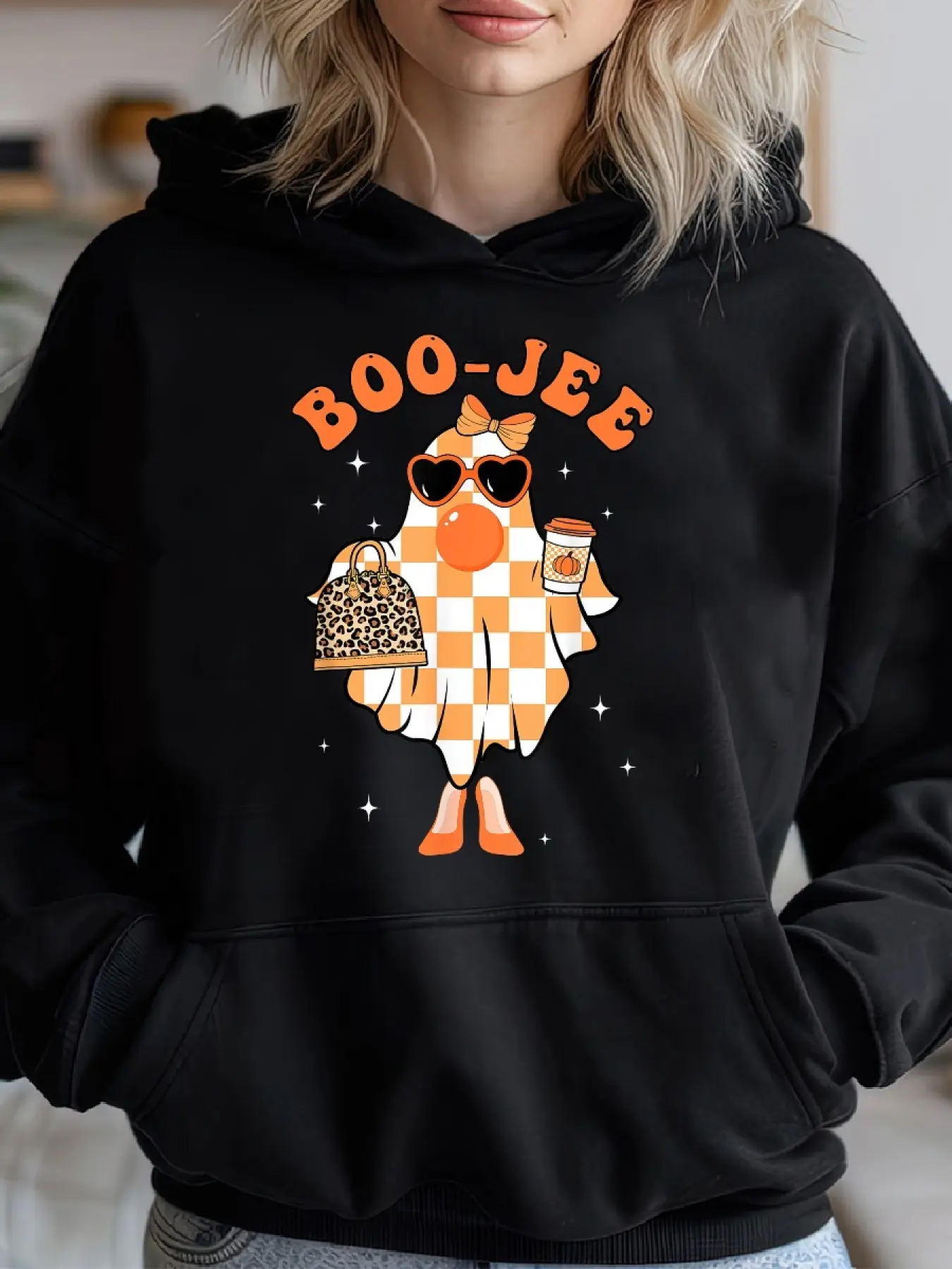 Boo-jee Spooky Season Coffee Hoodie - Cozy Halloween Print Pullover, Casual Long Sleeve Blend Hoodie for Women, Black with Orange & White Graphic Design, Autumn Casual Top Halloween Themed Apparel Nonstretch Material