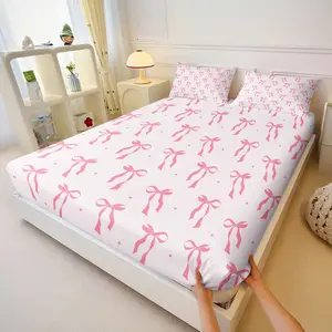 3Pcs Sweet Pink Bow Fitted Sheet Set, Breathable Bedding Set, Non-Slip Deep Pockets, Pure and Elegant Style, Suitable for Girls' Rooms, Teen Rooms, Dormitories, and Apartments. A Perfect Gift for Girls (Without Pillow Core).