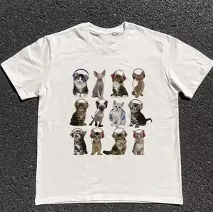 Cute Kittens With Headphones Graphic Tee, Funny Cat Print T-Shirt, Soft White Cotton Crewneck, Y2K Streetwear Aesthetic, Casual Daily Wear, Gift for Cat Lovers, Music Lover Animal Top, Perfect for Everyday Style & Pet Lovers
