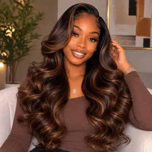 Afribye Hair FB/30 Women's Body Wave Human Hair Lace Front Wig, 13x6 HD Transparent Lace, Brown Highlight, Wigs Human Hair, Human Hair Wigs