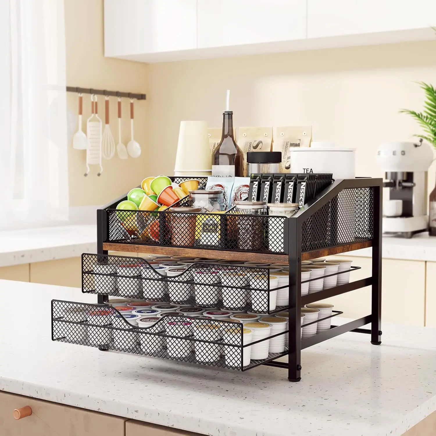 Compact Countertop Coffee Capsule Holder with Drainage System - Kitchen Storage Rack for Tea Bags, Disposable Cups, Mugs - Easy-to-Clean Organizer That Organizes Items for Home, Office Use