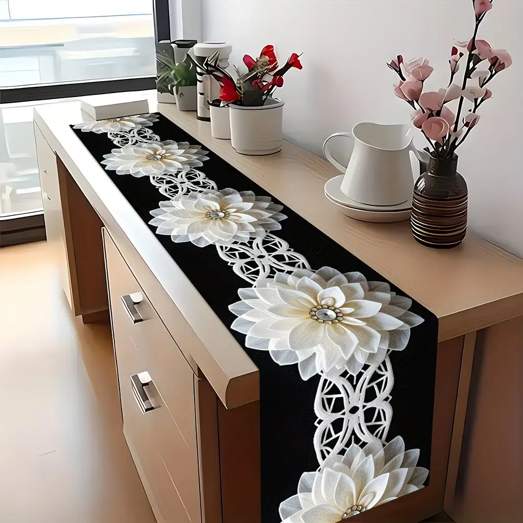 2D table flag, elegant white flower decoration design, linen holiday tablecloth, desktop decoration, anniversary wedding kitchen table decoration, suitable for home, kitchen, dinner, outdoor party, restaurant and tabletop decoration, Gift