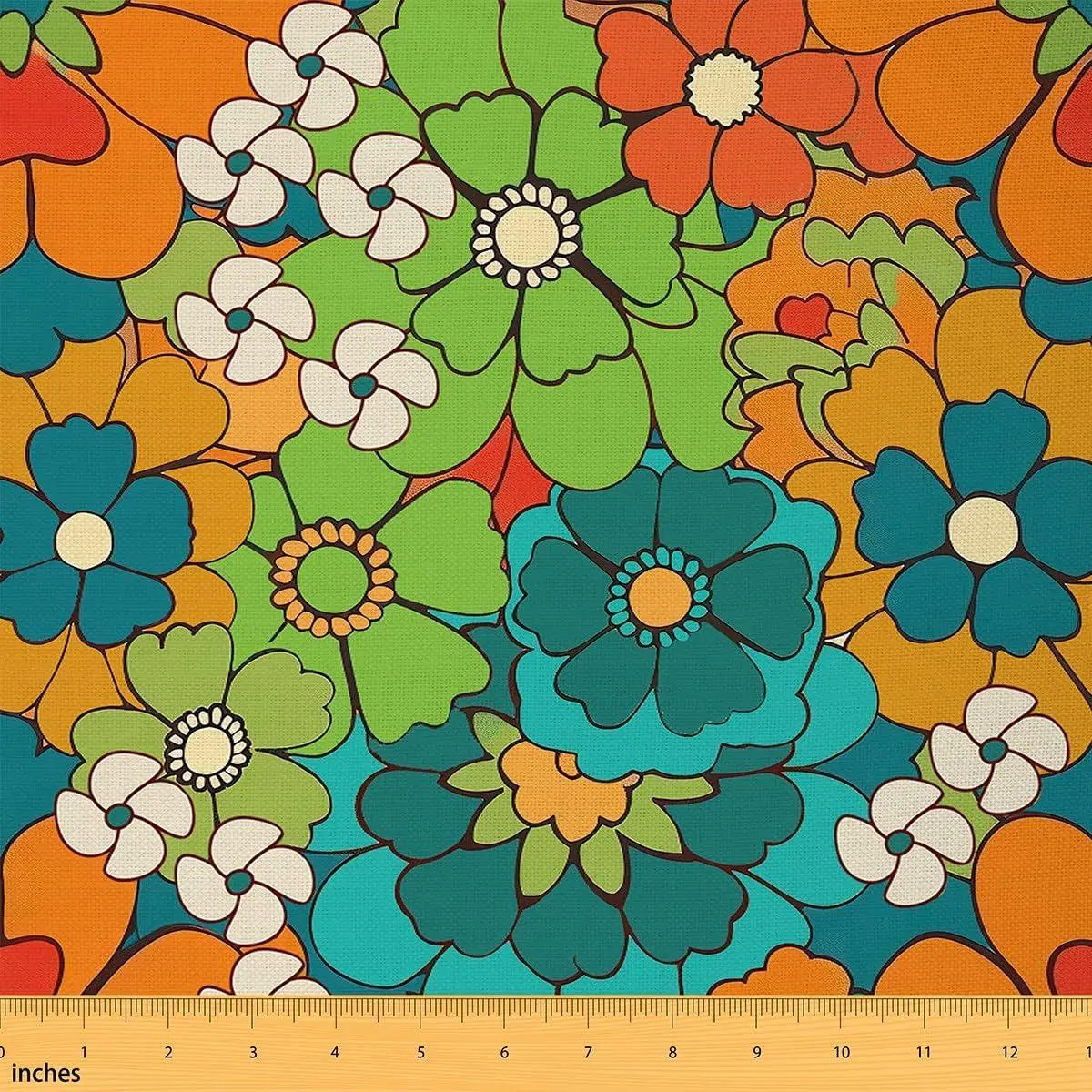 Retro Hippie Flowers Fabric,70s 80s Floral Design Soft Flannel Polyester,Fresh Style Colorful DIY Fabric Clothing Sewing and Home Accents