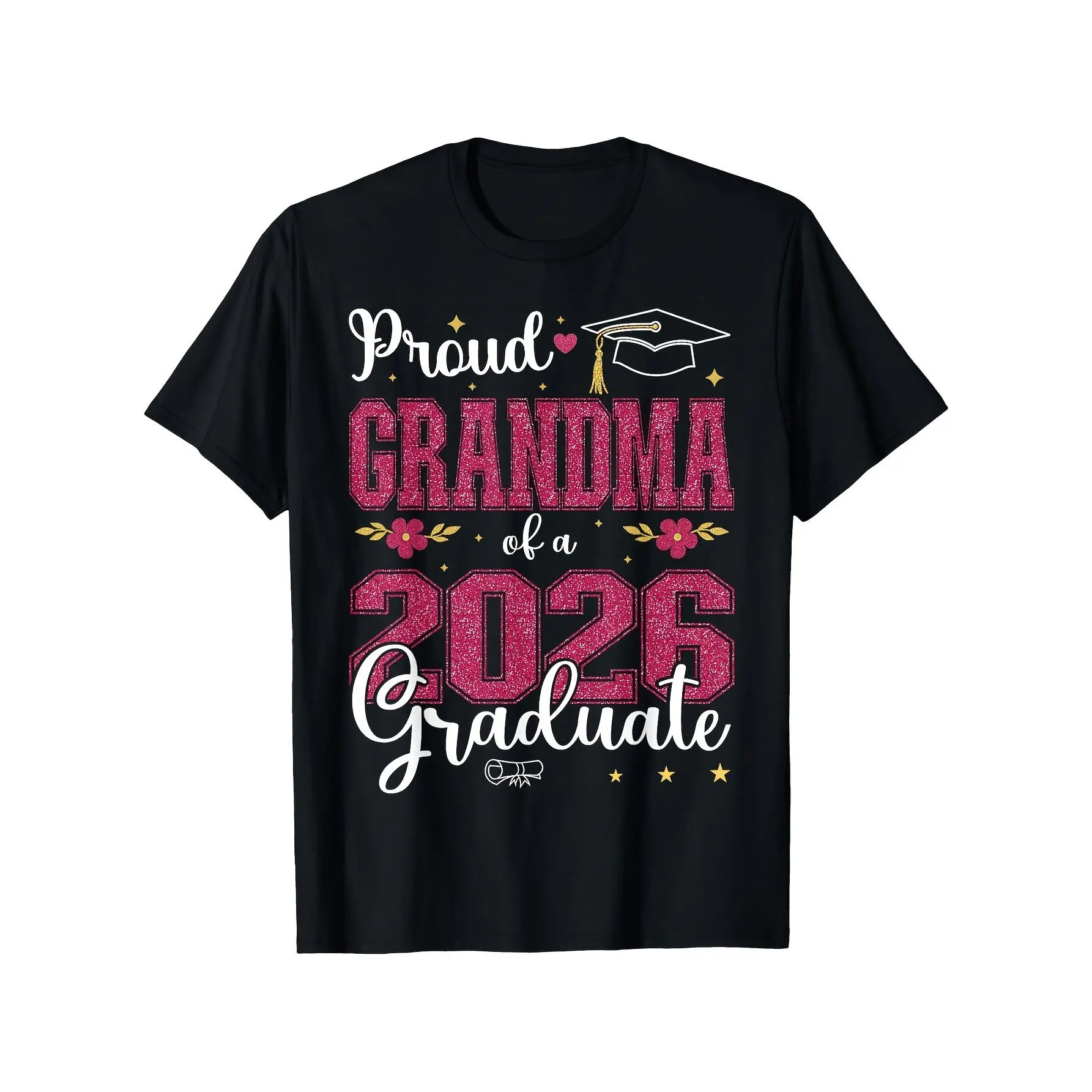 Vintage Men's 2026 Graduate Proud Grandma Graphic Short-Sleeve Round Neck Black T-Shirt - Glittery Pink "GRANDMA" Print, Graduation Cap, Cursive Script Design - Perfect Gift for Achievements Celebrations