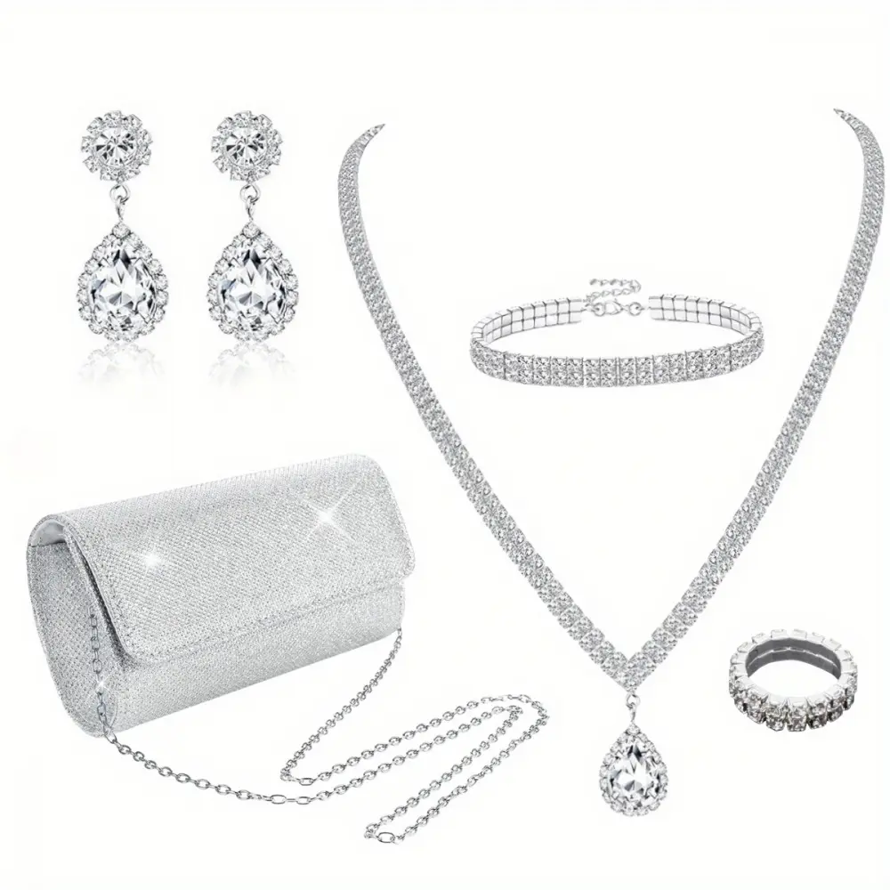 Women's 5-Piece Silver CZ Rhinestone Crystal Accent Jewelry Set - Clutch Purse Evening Bag, Necklace, Dangle Earrings, Bracelet, Ring, Sparkle All Over Adults' Glamorous Bridal Accessory for Wedding, Dinner Date, Party