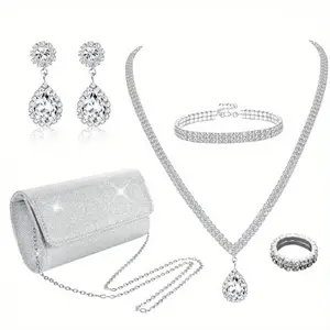Women's Silver Rhinestone Jewelry Set with Clutch Purse Necklace Earrings Bracelet Ring 5 in 1 Set for Wedding Dress Dinners Party Date