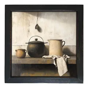 8x8 Inch Framed Canvas Wall Art - Rustic Kitchen Still Life with Copper Pot, Wooden Bucket & Cloth, Vintage Home Decor for Living Room, Bedroom, Dining Room, Kitchen Decor