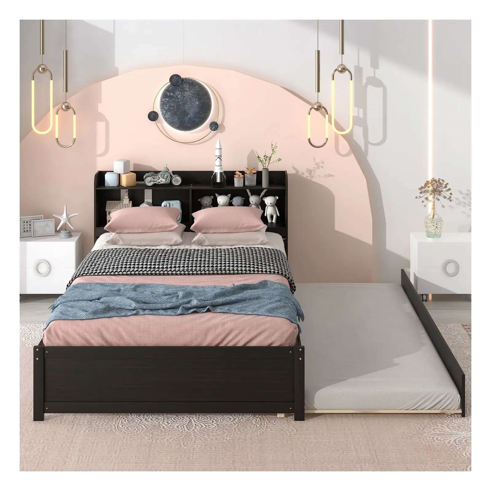 Twin/Full Size Wood Platform Bed Frame with Storage Headboard and Trundle, Espresso/Gray/White
