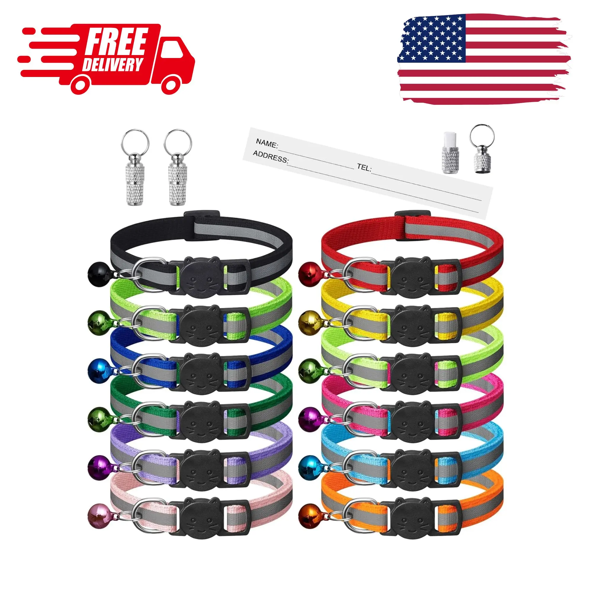 12 Pack Reflective-Breakaway Cat Collars with Bells And Name Tag (12 Colors & 2 ID Tags)