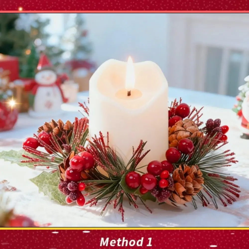 Artificial Candle Ring Wreaths with Flameless Candles Battery Operated LED Pillar Candleholders for Christmas Wedding Party Table Centerpiece Decor
