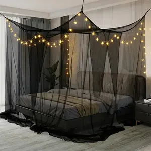 4 Door Canopy Bed Mosquito Net with LED Fairy Lights – Elegant Black Bed Curtains for Queen/King Size, Romantic Bedroom Decor & Bug Protection