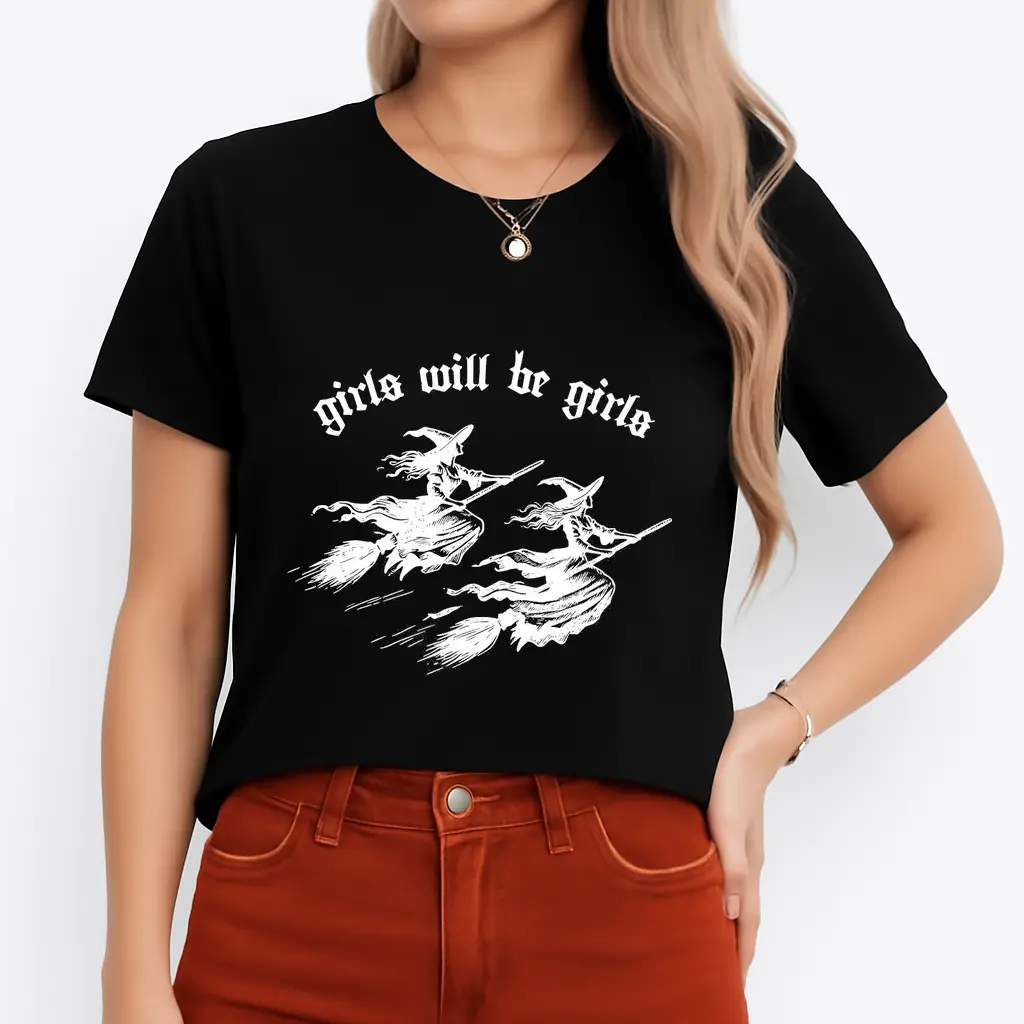 Women's Vintage Graphic Short-Sleeve Cotton T-Shirt - Black, Round Neck, Minimalist Witch Print, Soft Breathable Fabric, Casual Halloween Fall Streetwear, Everyday Fit, tshirt, y1112