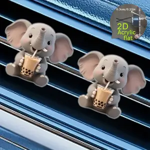 Cute Elephant Pearl Milk Tea Pattern Car Air Vent Clip, Acrylic Cartoon Decoration, Car Ornament, Car Decorations, No Scent, 2D Flat Design, Automotive Accessory
