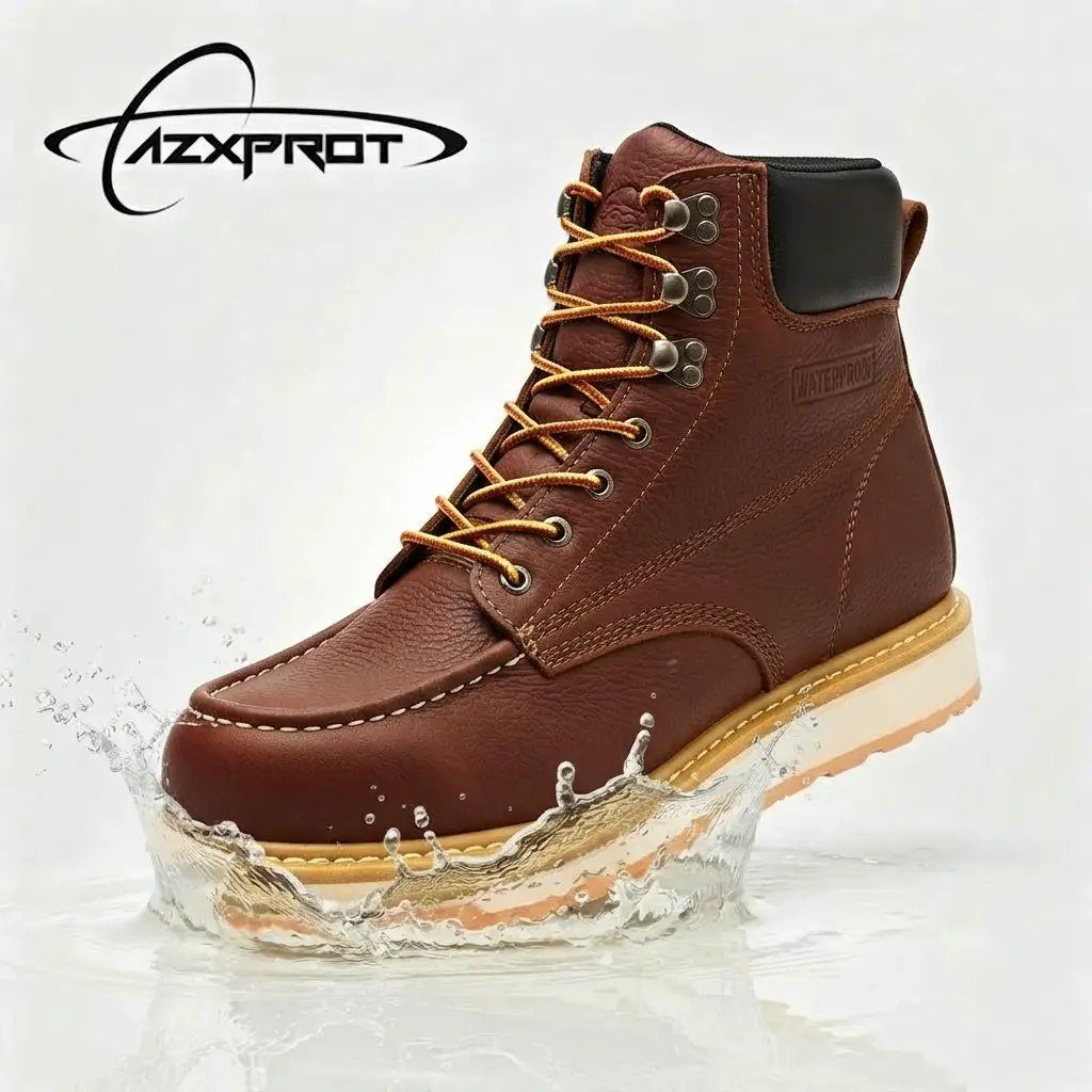 AZXPROT Men's Work Boots, Plain Leather Waterproof Ankle-High Style with Lightweight Wedge Heel, Ergonomic Arch Support for Construction and Casual Wear, Cuban, Cow Hide