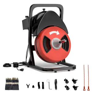 Drainage cleaning machine, 50 foot x 1/2 inch snake shaped sewer cleaning machine, equipped with 4 cutters and foot switches, 450 watt portable electric drainage spiral drill, with wheels, suitable for 2-inch to 4-inch pipes in sewers, sinks, and toilets