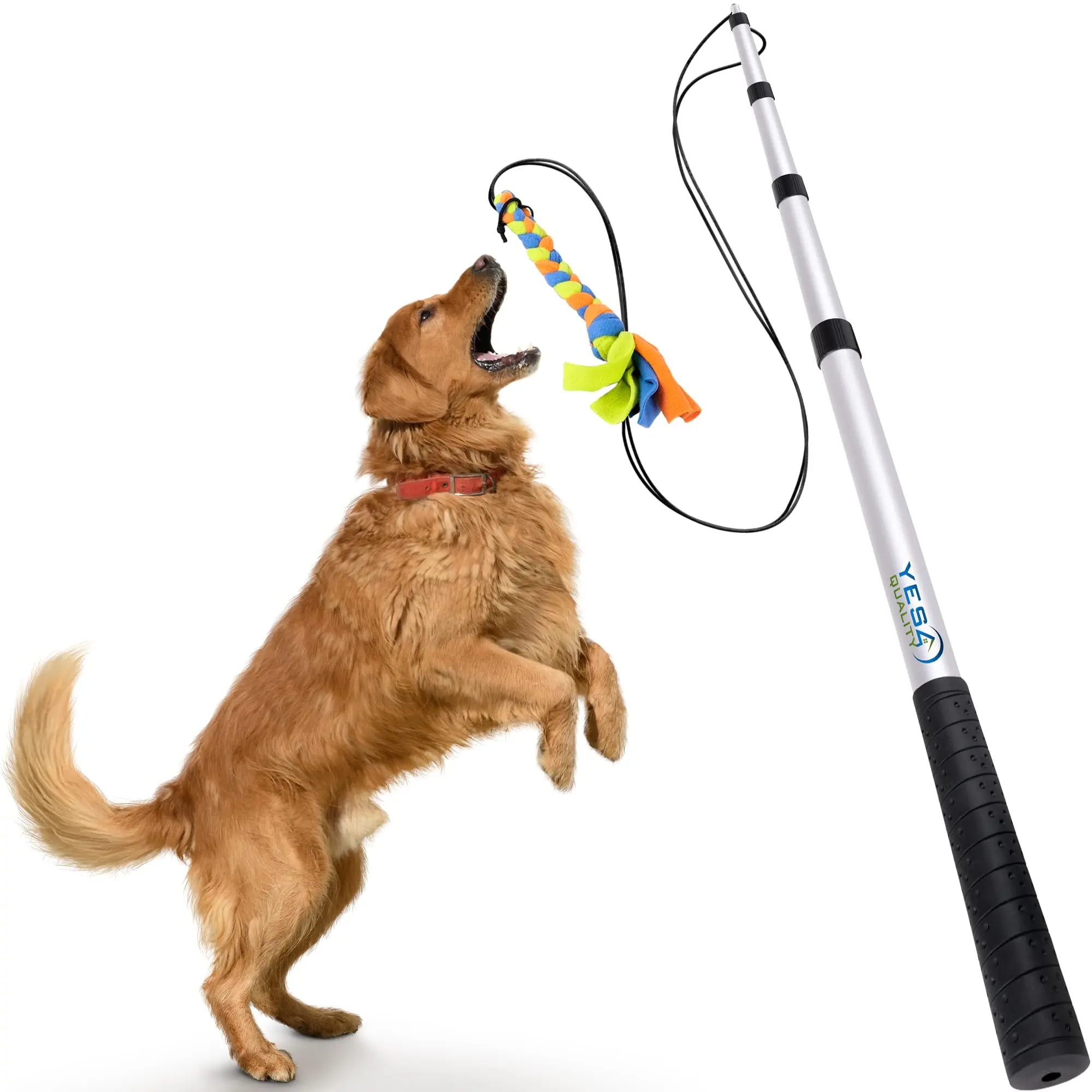 YES4QUALITY Metal Dog Flirt Pole - Aluminium Alloy, Durable, Lightweight, Safe for Large Breeds, Non-Bungee Cord Spring Pole with Braided Rope Wobbler, Easy Handling, Exercise Support, Exhausts Fast, Cord Length 46", Max 45", Min 18.5" for Tug-of-War Play