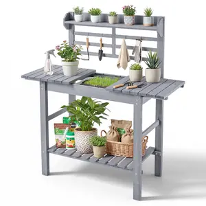 VEVOR Potting Bench Table, Outdoor Gardening Workstation with Sink, 37-55in Adjustable Wood Tabletop, Garden Work Station with Storage Shelves, Hooks for Patio, Backyard, Classic Grey
